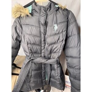 Ralph Lauren Women's Faux-Fur-Trim Hooded Down Puffer Size Medium Grey&teal